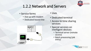 1.2.2 Network and Servers
• Service forms
• Dial up with modem
• Dedicated leased-line
• Uses
• Dedicated terminal
• Access to time sharing
services
• Special services on
intelligent devices:
• Terminal server (remote
access)
• Batch processing (job
entry)
 