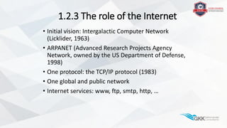 1.2.3 The role of the Internet
• Initial vision: Intergalactic Computer Network
(Licklider, 1963)
• ARPANET (Advanced Research Projects Agency
Network, owned by the US Department of Defense,
1998)
• One protocol: the TCP/IP protocol (1983)
• One global and public network
• Internet services: www, ftp, smtp, http, …
 
