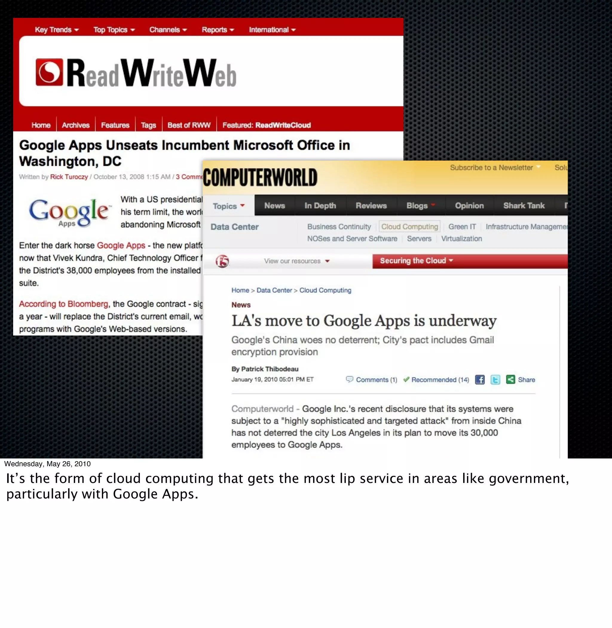 Wednesday, May 26, 2010

It’s the form of cloud computing that gets the most lip service in areas like government,
particularly with Google Apps.
 