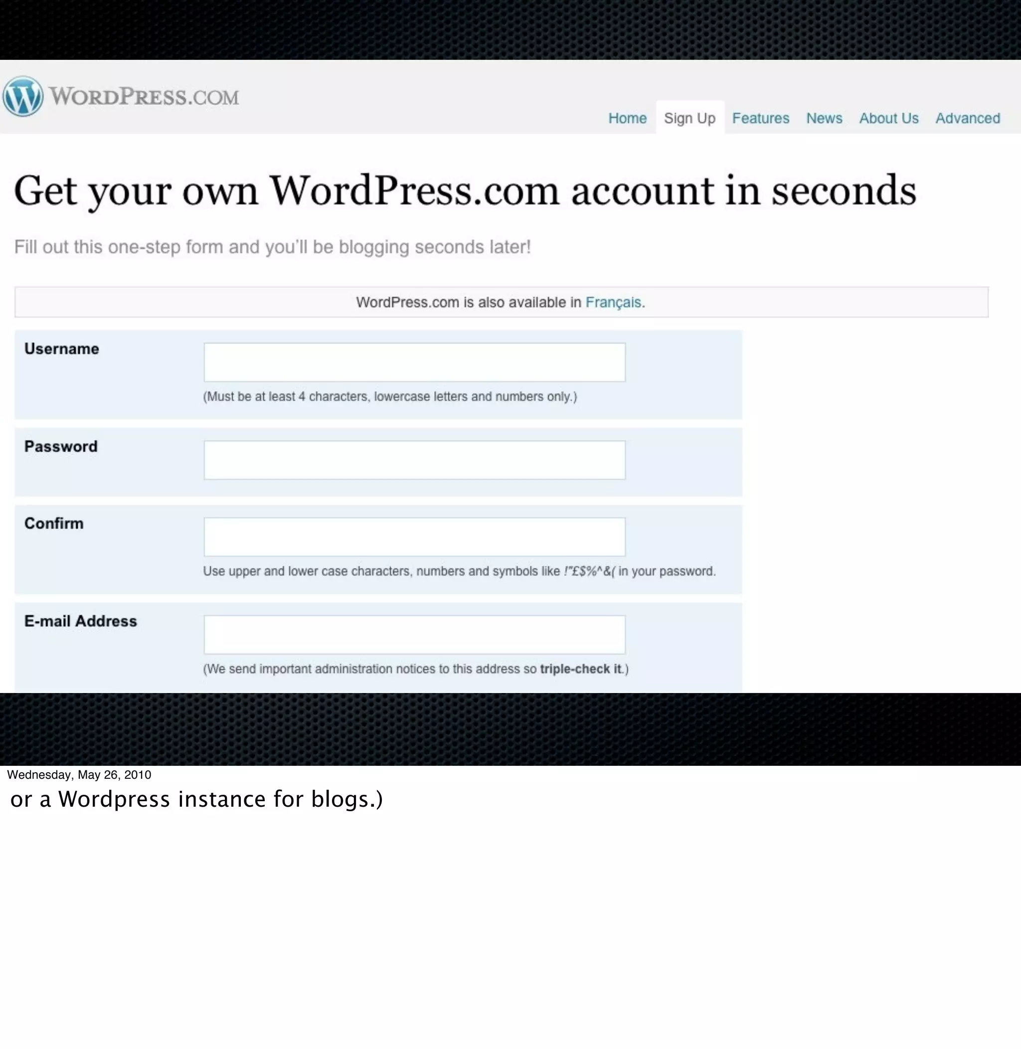 Wednesday, May 26, 2010

or a Wordpress instance for blogs.)
 