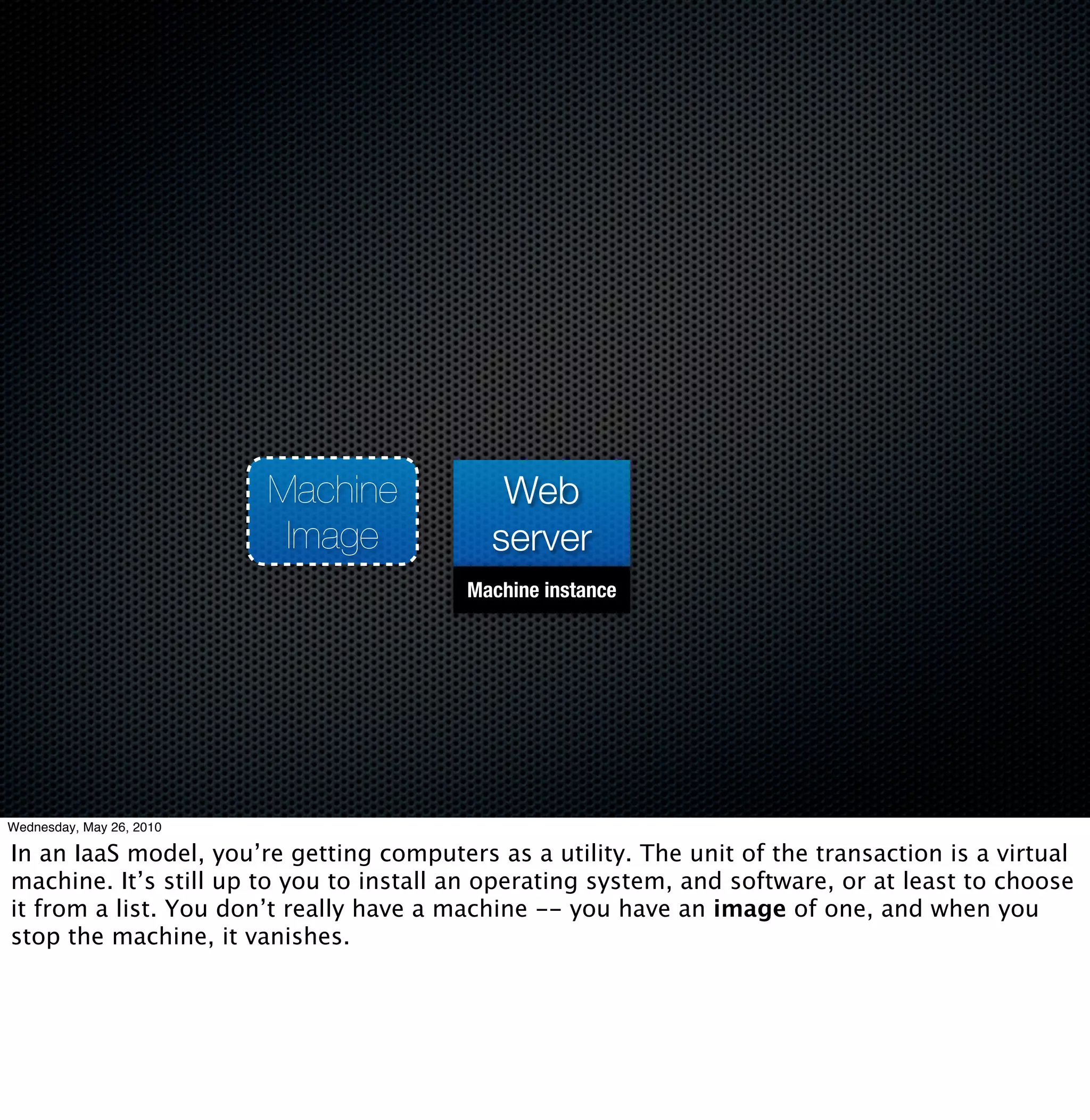 Machine           Web
                           Image           server
                                         Machine instance




Wednesday, May 26, 2010

In an IaaS model, you’re getting computers as a utility. The unit of the transaction is a virtual
machine. It’s still up to you to install an operating system, and software, or at least to choose
it from a list. You don’t really have a machine -- you have an image of one, and when you
stop the machine, it vanishes.
 