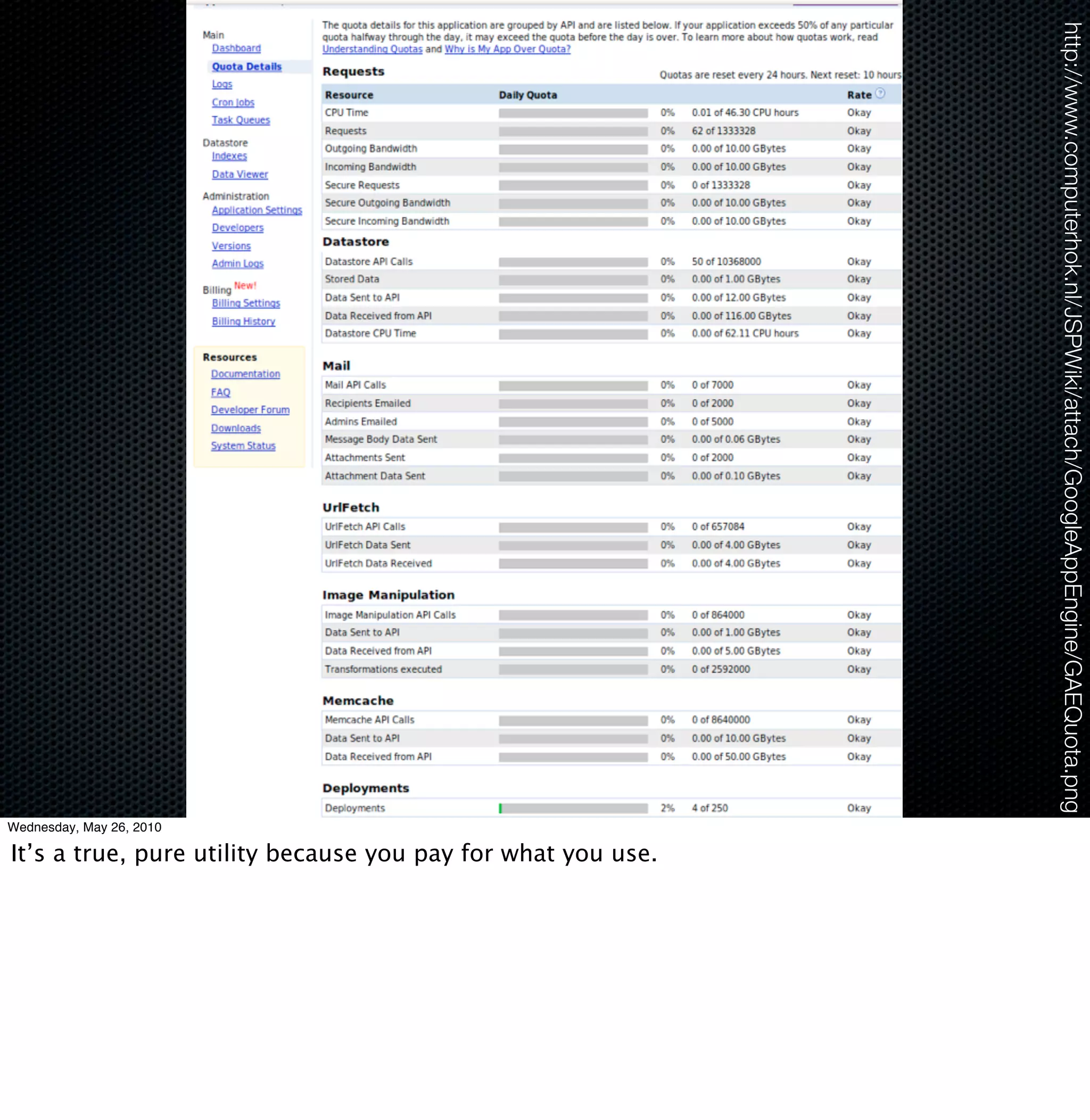 http://www.computerhok.nl/JSPWiki/attach/GoogleAppEngine/GAEQuota.png
Wednesday, May 26, 2010

It’s a true, pure utility because you pay for what you use.
 