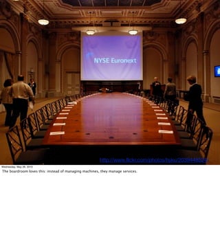 http://www.ﬂickr.com/photos/hyku/2039448524/
Wednesday, May 26, 2010
The boardroom loves this: instead of managing machines, they manage services.
 