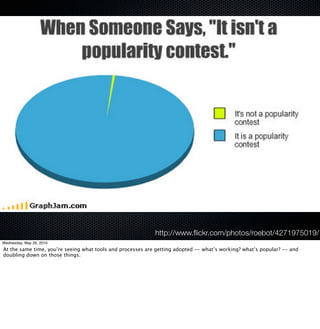 http://www.ﬂickr.com/photos/roebot/4271975019/
Wednesday, May 26, 2010
At the same time, you’re seeing what tools and processes are getting adopted -- what’s working? what’s popular? -- and
doubling down on those things.
 