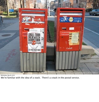 http://www.ﬂickr.com/photos/easternblot/126112823/
Wednesday, May 26, 2010

We’re familiar with the idea of a stack. There’s a stack in the postal service.
 