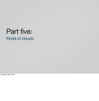 Part ﬁve:
         Kinds of clouds.




Wednesday, May 26, 2010
 