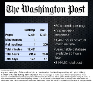 • 60 seconds per page
                                 Desktop               EC2                 • 200 machine
        Pages                        17,481            17,481                instances
        Minutes/page                           1                1          • 1,407 hours of virtual
        # of machines                          1            200              machine time
        Total minutes                17,481                                • Searchable database
        Total hours                    291.4               26.0              available 26 hours
        Total days                       12.1                1.1             later
                                                                           • $144.62 total cost

Wednesday, May 26, 2010

A great example of these clouds in action is what the Washington Post did with Hillarly
Clinton’s diaries during her campaign. They needed to get all 17,481 pages of Hillary Clinton’s White House
schedule scanned and searchable quickly. Using 200 machines, the Post was able to get the data to reporters in only 26 hours. In
fact, the experiment is even more compelling: Desktop OCR took about 30 minutes per page to properly scan, read, resize, and
format each page – which means that it would have taken nearly a year, and cost $123 in power, to do the work on a single machine.
 