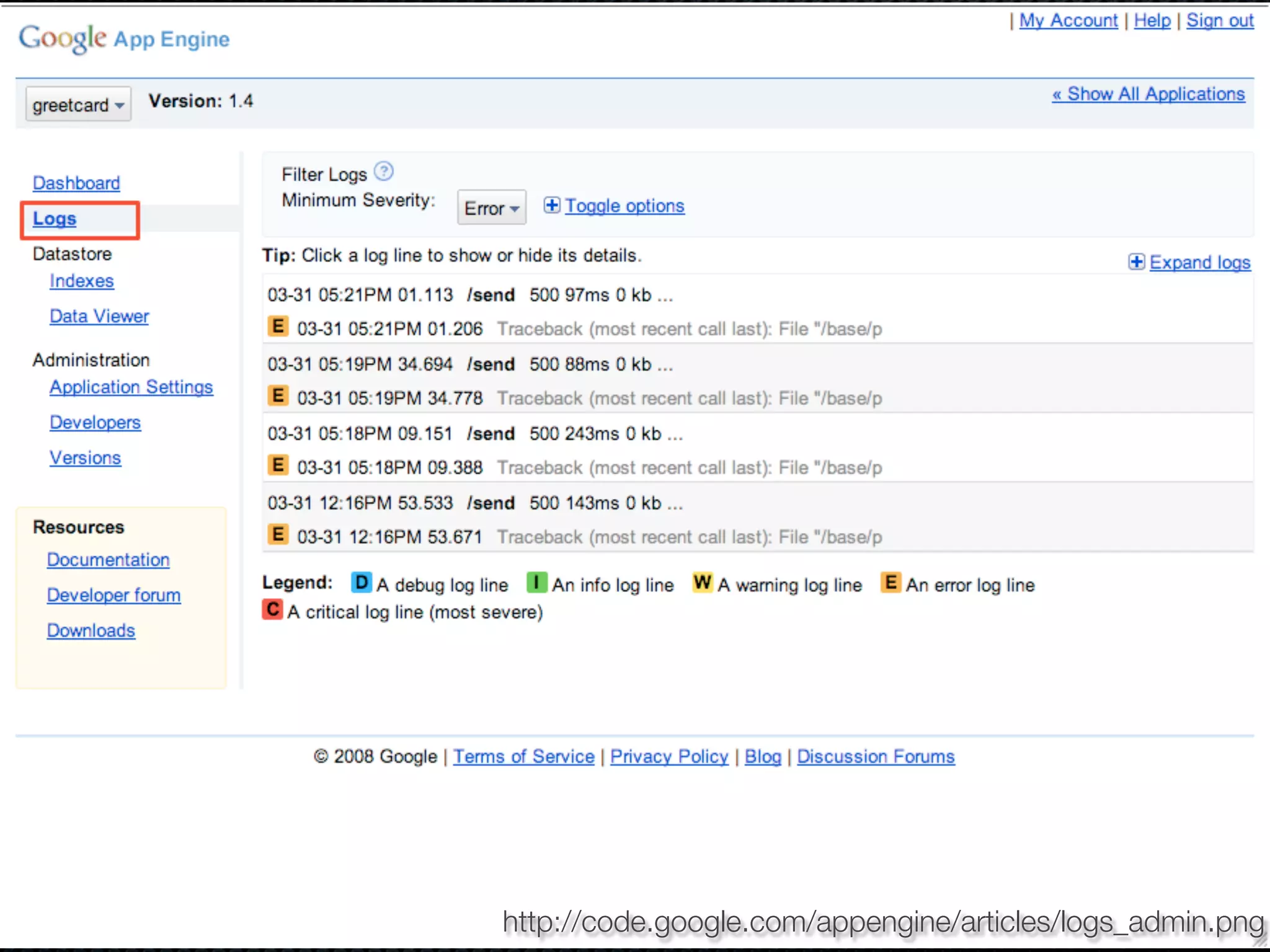 http://code.google.com/appengine/articles/logs_admin.png
 