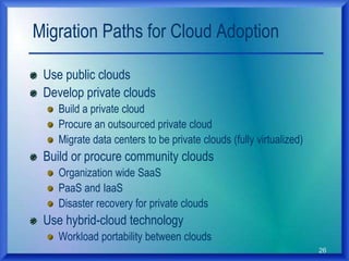 26
Migration Paths for Cloud Adoption
Use public clouds
Develop private clouds
Build a private cloud
Procure an outsourced private cloud
Migrate data centers to be private clouds (fully virtualized)
Build or procure community clouds
Organization wide SaaS
PaaS and IaaS
Disaster recovery for private clouds
Use hybrid-cloud technology
Workload portability between clouds
 