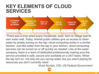 10
KEY ELEMENTS OF CLOUD
SERVICES
ACCESSED
OVER A
NETWORK
RUNNING ON
SHARED
RESOURCES
EASY TO
SET UP
PAY AS
YOU GO
GROW OR
SHRINK
AND NO
IDEA
HOW…
“There was a time when every household, town, farm or village had its
own water well. Today, shared public utilities give us access to clean
water by simply turning on the tap; cloud computing works in a similar
fashion. Just like water from the tap in your kitchen, cloud computing
services can be turned on or off quickly as needed. Like at the water
company, there is a team of dedicated professionals making sure the
service provided is safe, secure and available on a 24/7 basis. When
the tap isn't on, not only are you saving water, but you aren't paying for
resources you don't currently need.”
Vivek Kundra, CIO, US Federal Government
 