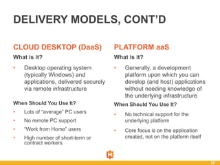 DELIVERY MODELS, CONT’D
CLOUD DESKTOP (DaaS)
What is it?
• Desktop operating system
(typically Windows) and
applications, delivered securely
via remote infrastructure
PLATFORM aaS
22
When Should You Use It?
• Lots of “average” PC users
• No remote PC support
• “Work from Home” users
• High number of short-term or
contract workers
What is it?
• Generally, a development
platform upon which you can
develop (and host) applications
without needing knowledge of
the underlying infrastructure
When Should You Use It?
• No technical support for the
underlying platform
• Core focus is on the application
created, not on the platform itself
 