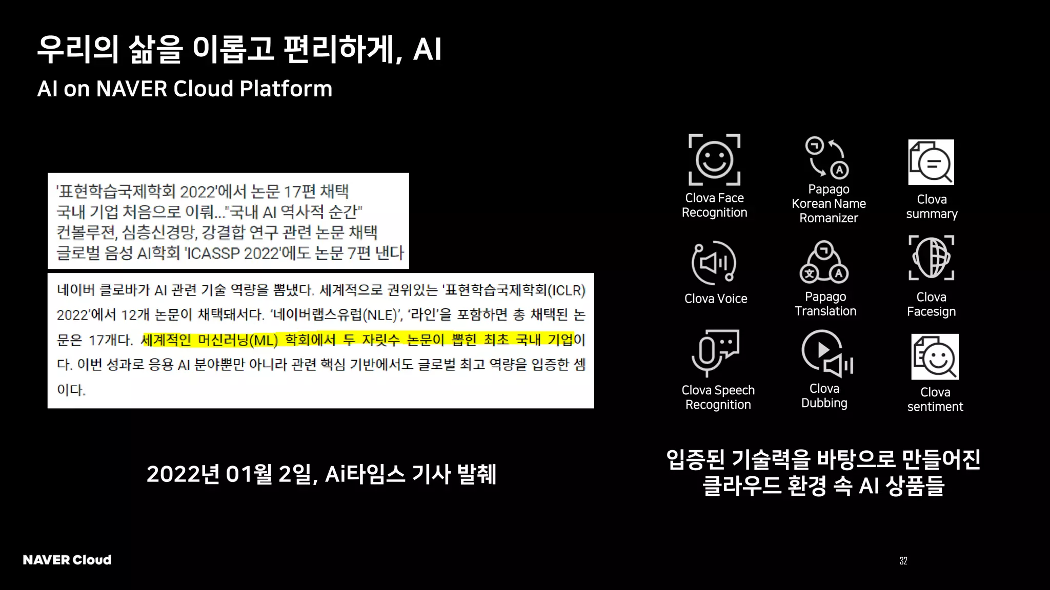 32 NAVER Cloud 2021
우리의 삶을 이롭고 편리하게, AI
AI on NAVER Cloud Platform
2022년 01월 2일, Ai타임스 기사 발췌
Clova Face
Recognition
Papago
Korean Name
Romanizer
Clova Speech
Recognition
Papago
Translation
Clova Voice
Clova
Dubbing
Clova
Facesign
Clova
sentiment
Clova
summary
입증된 기술력을 바탕으로 만들어진
클라우드 환경 속 AI 상품들
 