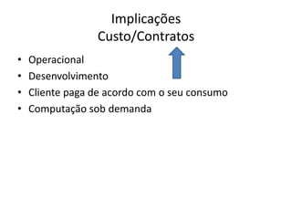 Implicações
Custo/Contratos
•
•
•
•

Operacional
Desenvolvimento
Cliente paga de acordo com o seu consumo
Computação sob demanda

 