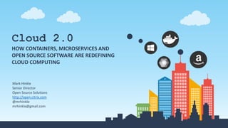 Cloud 2.0
HOW CONTAINERS, MICROSERVICES AND
OPEN SOURCE SOFTWARE ARE REDEFINING
CLOUD COMPUTING
Mark Hinkle
Senior Director
Open Source Solutions
http://open.citrix.com
@mrhinkle
mrhinkle@gmail.com
 