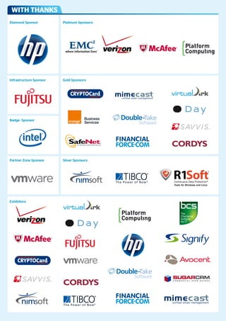 WITH THANKS
Diamond Sponsor          Platinum Sponsors




Infrastructure Sponsor   Gold Sponsors




Badge Sponsor




Partner Zone Sponsor     Silver Sponsors




Exhibitors
 