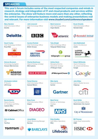 SpEakErS
this year’s forum includes some of the most respected companies and minds in
research, strategy and integration of it and cloud products and services within
the enterprise. the show will feature more end users than any other, reflecting
the central issues of enterprise business models and making presentations real
and relevant. For more information visit www.cloudwf.com/conference/speakers
Mary Hensher                 John Linwood                Mark Cameron               Bryan Kinsella
Chief Information Officer    Chief Technology Officer    Chief Technology Officer   Chief Information Officer
Deloitte                     BBC                         Virgin Atlantic            Rentokil Initial




stuart Curley                Gordon Penfold              toby wright                amir Belkhelladi
Chief Technology Architect   Chief Technology Officer    Chief Technology Officer   Head of Architecture
Royal Mail                   British Airways             Telegraph Media Group      Lloyds




simone Brunozzi              Charles Newhouse            ashley davis               robert whiteside
Technology Evangelist        Head of Strategy & Design   Managing Director,         Head of Enterprise,
Amazon Web Services          BAE Systems                 Datacenter Strategy        UK, Ireland and Benelux
                                                         JP Morgan Chase            Google




Chrstopher Linfoot           Pamal sharma                Mike spink                 John Killey
IT Director                  Chief Information Officer   Research Director          Head of Reality Services
LDV Group                    General Motors              Gartner                    Citigroup




rachel Gentry                Brian Franz                 Mark Ferrar                david wilde
Deputy Director,             Chief Information Officer   Director of Technology     Chief Information Officer
ICT Strategy and Policy      Diageo                      Strategy                   Westminster City Council
Cabinet Office                                           NHS




Chris de Backer              Joerg weber                 Peter Bradley              Bill thomas
CIO                          Attack Monitoring Manager   Staff Officer Operations   Group Head Sustainability
TomTom                       Barclays                    RNLI                       HSBC
 