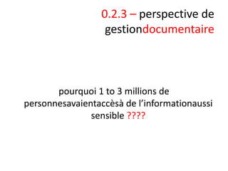 0.2.3 – perspective de
gestiondocumentaire

pourquoi 1 to 3 millions de
personnesavaientaccèsà de l’informationaussi
sensible ????

 