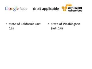 droit applicable

• state of California (art.
19)

• state of Washington
(art. 14)

 