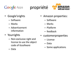 propriété
• Google’srights
– Software
– Marks
– Advertisement
information

• Yourrights
– Non-exclusive right and
license to use the object
code of itssofware
– Data

• Amazon properties:
–
–
–
–

Software
Marks
Platform
feedback

• customerproperties
– License
– Data
– Some applications

 