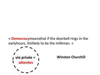« Democracymeansthat if the doorbell rings in the
earlyhours, itislikely to be the milkman. »

vie privée =
attentes

Winston Churchill

 