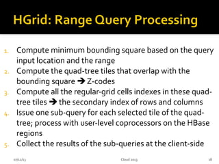 1. Compute minimum bounding square based on the query
input location and the range
2. Compute the quad-tree tiles that overlap with the
bounding square  Z-codes
3. Compute all the regular-grid cells indexes in these quad-
tree tiles  the secondary index of rows and columns
4. Issue one sub-query for each selected tile of the quad-
tree; process with user-level coprocessors on the HBase
regions
5. Collect the results of the sub-queries at the client-side
07/12/13 18Cloud 2013
 
