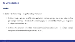 Mohamed MANAA 45
La virtualisation
Docker
 Docker = Container Image + Image Repository + Container
 Container Image : qui sont les différentes applications possibles pouvant tourner sur votre machine
(par exemple une image « Ubuntu 16.04 », une image pour un server Web (« httpd »), une image pour
un simple « hello world », etc.) ;
 Container : les containers qui sont des instances d’images en cours d’exécution ; on peut par exemple
avoir plusieurs containers de l’image « Ubuntu 16.04 ».
 