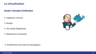 Mohamed MANAA 46
La virtualisation
Docker: Exemple d’utilisation
 Intégration continue
 DevOps
 Test rapide d’application
 Déploiement automatisé
→ Simplification de la tâche du développeur
 