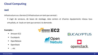 Mohamed MANAA 85
Cloud Computing
IaaS
Infrastructure as a Service (L’infrastructure en tant que service) :
Il s’agit de serveurs, de bases de stockage, data centers et d’autres équipements réseau tous
virtualisés, et loués en tant que service à la demande.
Examples :
 Amazon EC2
 Eucalyputs
 OpenNebula
 OpenStack
 … etc
 
