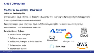Mohamed MANAA 91
Cloud Computing
Définition du cloud public
L'infrastructure cloud est mise à la disposition du grand public ou d'un grand groupe industriel et appartient
à une organisation vendant des services cloud.
Également appelé cloud externe ou cloud multi-locataire, ce modèle représente essentiellement un
environnement cloud ouvertement accessible.
Caractéristiques de base:
 Infrastructure homogène
 Politiques communes
 Ressources partagées et multi-locataires
 Infrastructure louée
 Économies d'échelle
Modèles de déploiement : Cloud public
 
