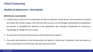 Mohamed MANAA 94
Cloud Computing
Modèles de déploiement : Cloud hybride
Définition du cloud hybride
 L'infrastructure cloud est une composition de deux ou plusieurs clouds (privé, communautaire ou public)
qui restent des entités uniques mais sont liés entre eux par une technologie standardisée ou propriétaire
qui permet la portabilité des données et des applications (par exemple, l'éclatement du cloud pour
l'équilibrage de charge entre les clouds) .
 ils associent à la fois des infrastructures et des Cloud privés et publics.
 Une partie des données ou des infrastructures est gérée en interne par l’entreprise, dans ses locaux ou
chez un prestataire et communique avec des ressources Cloud.
 