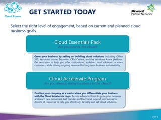 GET STARTED TODAY
Select the right level of engagement, based on current and planned cloud
business goals.

                               Cloud Essentials Pack
                                  Are you new to the cloud?


             Grow your business by selling or building cloud solutions, including Office
             365, Windows Intune, Dynamics CRM Online, and the Windows Azure platform.
             Get resources to help you offer customized, scalable cloud solutions to more
             customers, while driving ongoing revenue for long-term business sustainability.




                          Cloud Accelerate Program
                     Are you already doing business in the cloud?


             Position your company as a leader when you differentiate your business
             with the Cloud Accelerate Logo. Access advanced tools to grow your business
             and reach new customers. Get presales and technical support, and access to
             dozens of resources to help you effectively develop and sell cloud solutions.




                                                                                               Slide 1
 