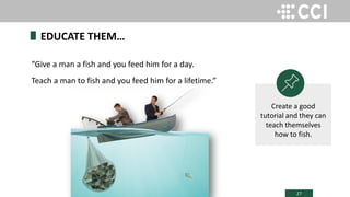 27
EDUCATE THEM…
“Give a man a fish and you feed him for a day.
Teach a man to fish and you feed him for a lifetime.”
Create a good
tutorial and they can
teach themselves
how to fish.
 