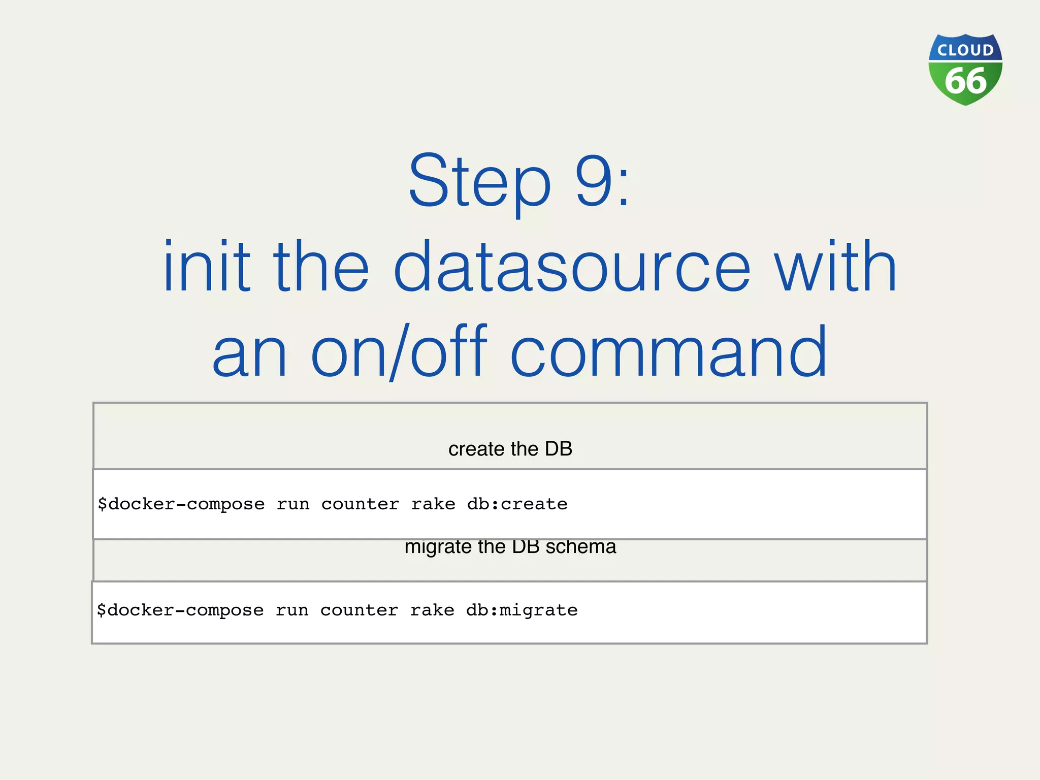 Step 9:!
init the datasource with
an on/off command!
 
create the DB
migrate the DB schema
$docker-compose run counter rake db:create
$docker-compose run counter rake db:migrate
 