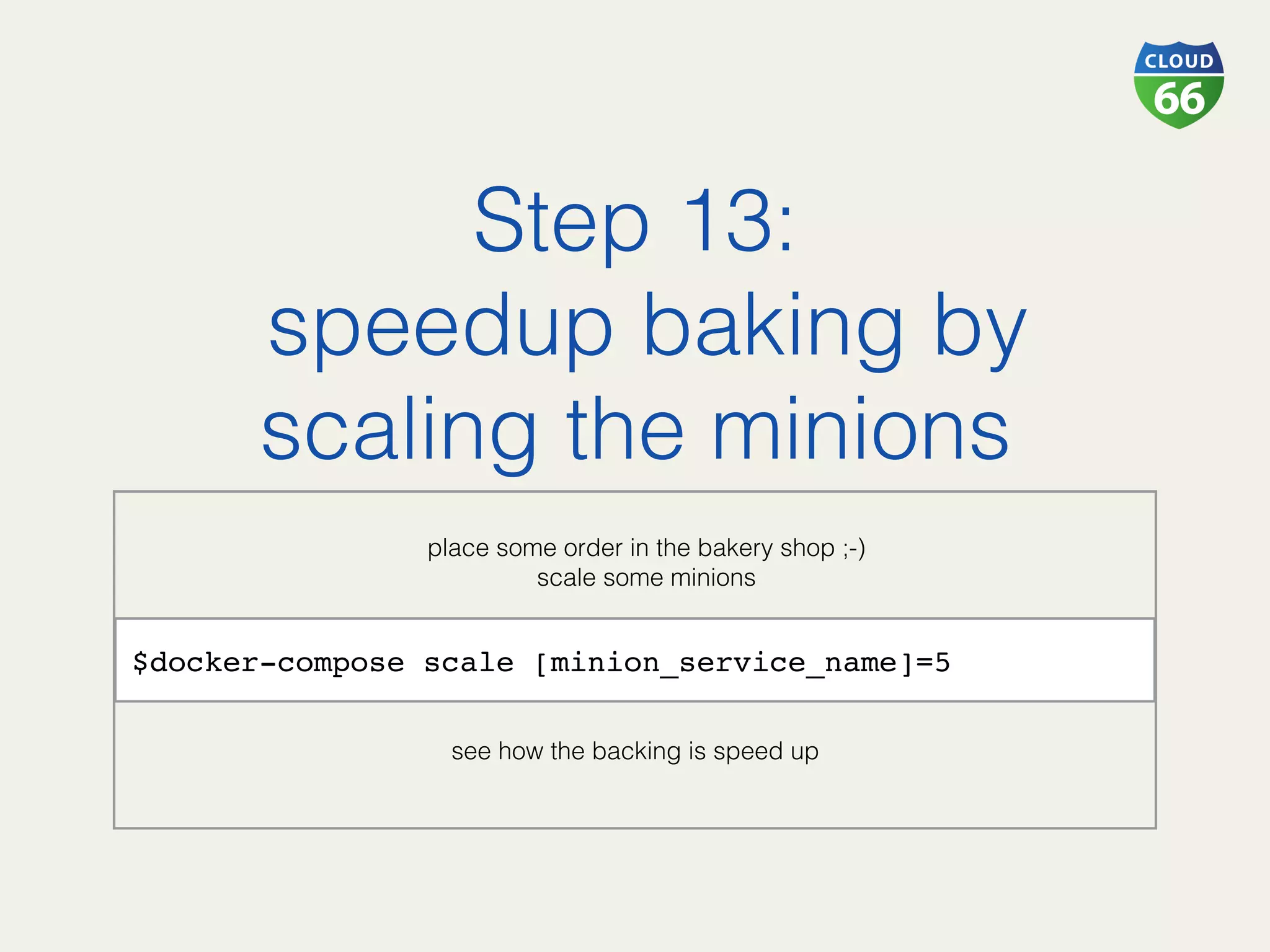 Step 13:!
speedup baking by
scaling the minions!
!
place some order in the bakery shop ;-)!
scale some minions!
!
!
!
!
see how the backing is speed up!
!
$docker-compose scale [minion_service_name]=5
 