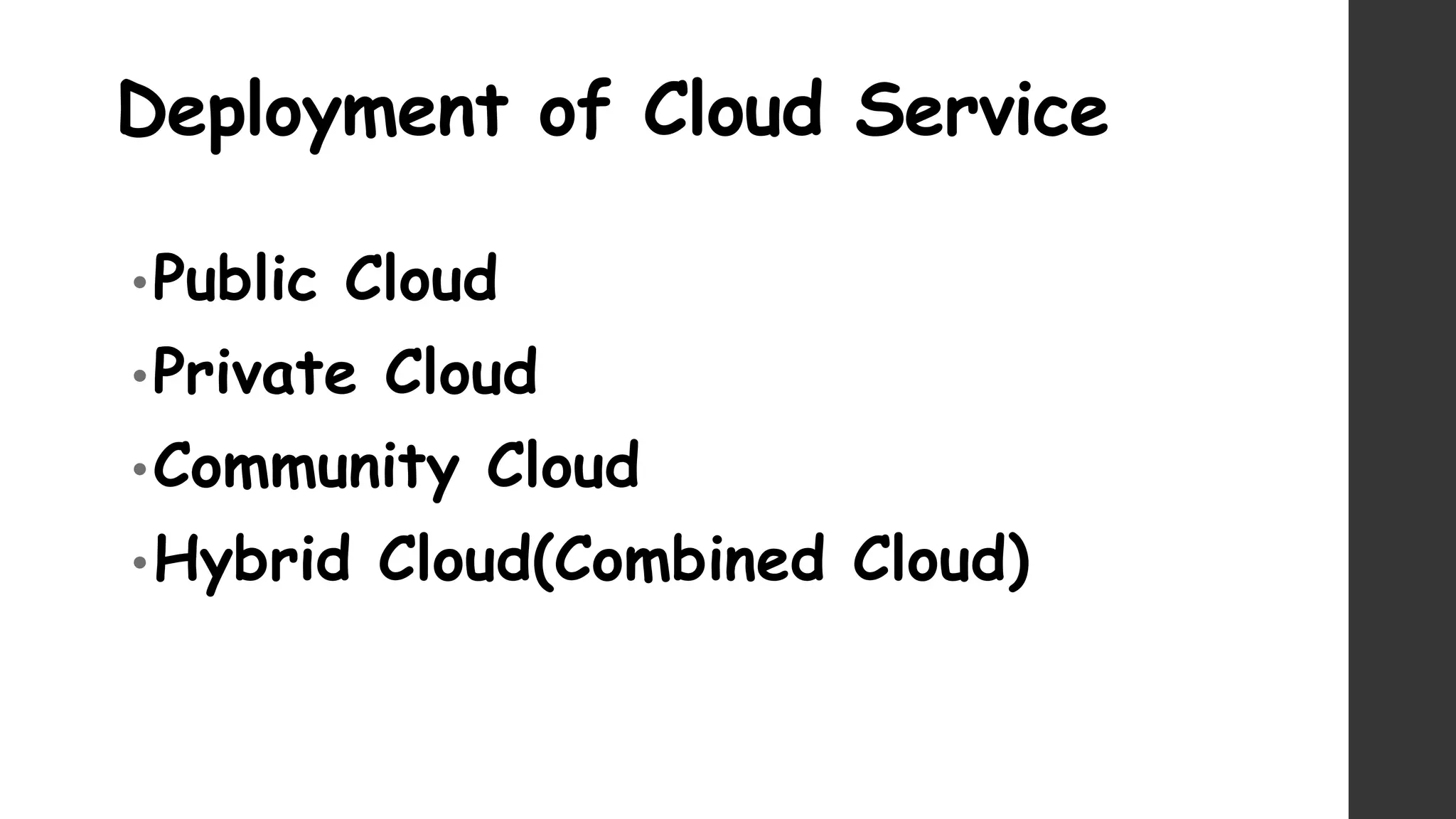 Deployment of Cloud Service
•Public Cloud
•Private Cloud
•Community Cloud
•Hybrid Cloud(Combined Cloud)
 