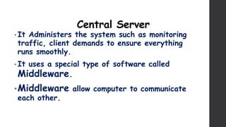 Central Server
• It Administers the system such as monitoring
traffic, client demands to ensure everything
runs smoothly.
• It uses a special type of software called
Middleware.
•Middleware allow computer to communicate
each other.
 