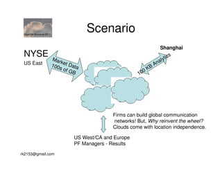 GigaOM Structure 2011
                                       Scenario
                                                                    Shanghai
 NYSE                                                                  tic
                                                                           s
                         Mar                                         ly
                            k                                      na
 US East                 100 et Data                          B   A
                            s of
                                 GB                         0K
                                                          10




                                                Firms can build global communication
                                                networks! But, Why reinvent the wheel?
                                                Clouds come with location independence.

                                  US West/CA and Europe
                                  PF Managers - Results
rk2153@gmail.com
 