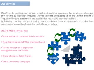 Our Services Cloud9 Media services span across verticals and audience segments. Our services combine  art and science of creating consumer guided content  and  placing it in the media trusted  & frequented by your  consumer  is the baseline for Social Media communications.  By listening, reading, and participating, brand marketers have an opportunity to make their brands more approachable and shareable than ever before! Cloud 9 Media services are: Social Media for Consumer & Youth Brands Buzz Marketing and ePR for emerging brand Online Perception & Reputation Management for B2B Brands Social Media for Retail Brands  Social Commerce Campaigns  