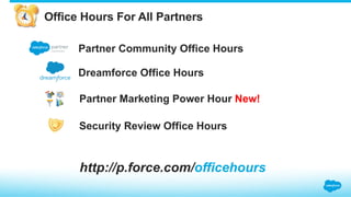 Partner Community Office Hours
Partner Marketing Power Hour New!
Security Review Office Hours
http://p.force.com/officehours
Office Hours For All Partners
Dreamforce Office Hours
 