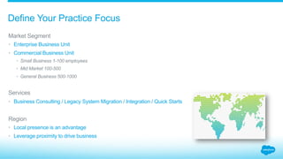 Define Your Practice Focus
​ Market Segment
•  Enterprise Business Unit
•  Commercial Business Unit
•  Small Business 1-100 employees
•  Mid Market 100-500
•  General Business 500-1000
​ Services
•  Business Consulting / Legacy System Migration / Integration / Quick Starts
​ Region
•  Local presence is an advantage
•  Leverage proximity to drive business
 