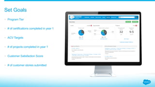 Set Goals
•  Program Tier
•  # of certifications completed in year 1
•  ACV Targets
•  # of projects completed in year 1
•  Customer Satisfaction Score
•  # of customer stories submitted
 