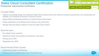 Sales Cloud Consultant Certification
​ Prerequisite: Administrator Certification
​ Concepts Tested:
•  Ability to successfully design and implement Sales Cloud solutions that meet customer business requirements, are maintainable and
scalable, and contribute to long-term customer success
•  Design Sales and Marketing solutions to meet business requirements
•  Design applications and interfaces that maximize user productivity
•  Manage data and design analytics to track key Sales Cloud metrics
​ About the exam:
•  60 multiple choice questions
•  Experience based: test questions are based on 'use cases’
•  Passing score: 68%
•  Registration fee: $200
Recommended Online courses:
•  Implementing Sales and Marketing
•  Preparing for the Certified Sales Cloud Consultant Exam
 
