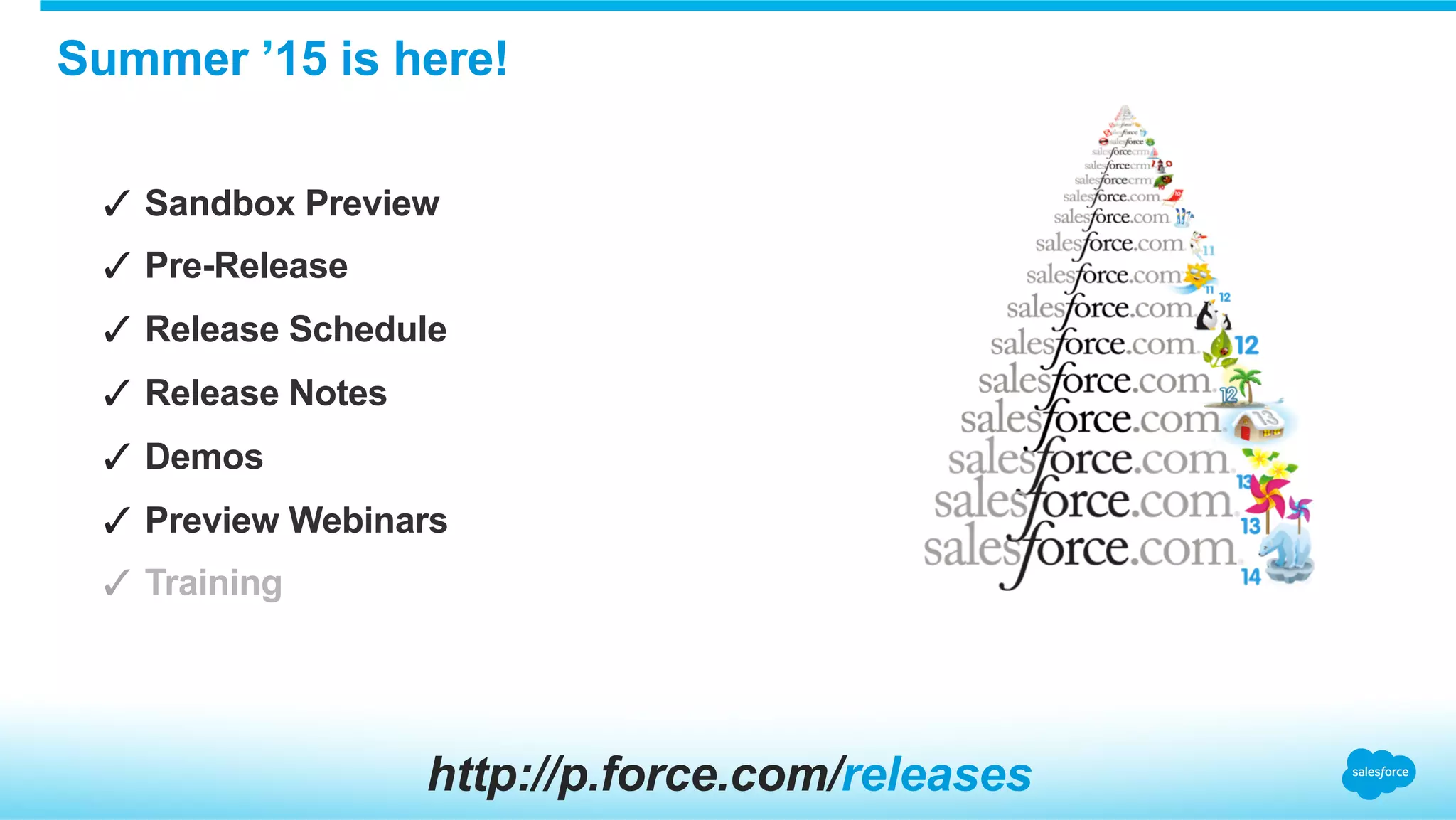 Summer ’15 is here!
✓  Sandbox Preview
✓  Pre-Release
✓  Release Schedule
✓  Release Notes
✓  Demos
✓  Preview Webinars
✓  Training
http://p.force.com/releases
 
