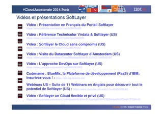 © 2014 IBM Corporation
Vidéo : Présentation en Français du Portail Softlayer
https://www.youtube.com/watch?v=4thDHYN9J6E
Vidéo : Référence Technicolor Virdata & Softlayer (US)
https://www.youtube.com/watch?v=BwXgo2QQOOE
Vidéo : Softlayer le Cloud sans compromis (US)
https://www.youtube.com/watch?v=iGfdsEN4yeU
Vidéo : Visite du Datacenter Softlayer d’Amsterdam (US)
https://www.youtube.com/watch?v=uOMIg9lggiI&list=PLE2D9C272B04AD1BF
Vidéo : L’approche DevOps sur Softlayer (US)
https://www.youtube.com/watch?v=q24NGfWx56Q
Codename : BlueMix, la Plateforme de développement (PaaS) d’IBM;
inscrivez-vous ! : https://ace.ng.bluemix.net/
Webinars US – Suite de 11 Webinars en Anglais pour découvrir tout le
potentiel de Softlayer (US) : https://www.youtube.com/watch?v=4thDHYN9J6E
Vidéo : Softlayer un Cloud flexible et privé (US)
https://www.youtube.com/watch?v=k6dtnaIdv3c&list=PLOspHqNVtKAC3D20wpayl0z2PGxeX7PTh#t=32
Vidéos et présentations SoftLayer
 