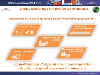 L’augmentation et la diversité des attaques devient une problématique pour les RSSI
Identifier les attaques Consolider les
données de sécurité
Mieux appréhender les
risques métiersGérer la conformité
Détecter les fraudes
internes
« La problématique n’est pas de savoir si nous allons être
attaqués, mais quand nous allons être attaqués »
Cheops Technology : Etre proactif sur les menaces
 