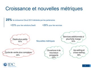 Croissance et nouvelles métriques
4
25% la croissance Cloud 2013 déclarée par les partenaires
+23% pour les solutions SaaS +26% pour les services
Services additionnels à
plus forte marge
50%
Ouverture à de
nouveaux
prospects
46%
Up-selling et
cross-selling
35%
Deals plus petits
45%
Cycle de vente plus complexe
47%29%
52%
38%
Nouvelles métriques
 