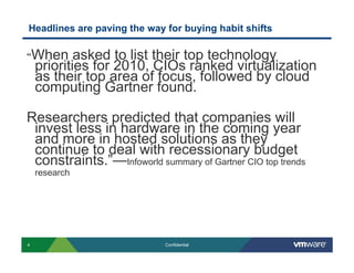 Headlines are paving the way for buying habit shifts

“When       asked to list their top technology
    priorities for 2010, CIOs ranked virtualization
    as their top area of focus, followed by cloud
    computing Gartner found.

Researchers predicted that companies will
 invest less in hardware in the coming year
 and more in hosted solutions as they
 continue to deal with recessionary budget
 constraints.”—Infoworld summary of Gartner CIO top trends
    research




4                            Confidential
 