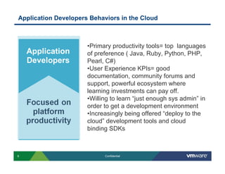 Application Developers Behaviors in the Cloud



                      •Primary productivity tools= top languages
    Application       of preference ( Java, Ruby, Python, PHP,
    Developers        Pearl, C#)
                      •User Experience KPIs= good
                      documentation, community forums and
                      support, powerful ecosystem where
                      learning investments can pay off.
                      •Willing to learn “just enough sys admin” in
                      order to get a development environment
                      •Increasingly being offered “deploy to the
                      cloud” development tools and cloud
                      binding SDKs



8                           Confidential
 