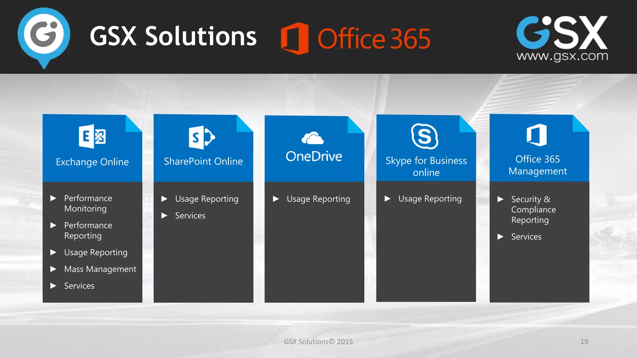 GSX Solutions© 2015 19
GSX Solutions
Exchange Online
► Performance
Monitoring
► Performance
Reporting
► Usage Reporting
► Mass Management
► Services
SharePoint Online
► Usage Reporting
► Services
► Usage Reporting
Skype for Business
online
► Usage Reporting
Office 365
Management
► Security &
Compliance
Reporting
► Services
 