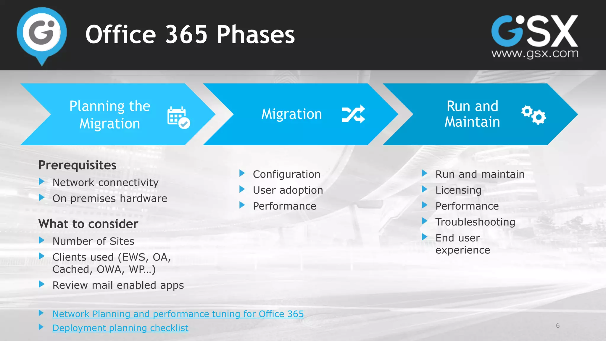 6
Office 365 Phases
Planning the
Migration
Migration
Run and
Maintain
Prerequisites
Network connectivity
On premises hardware
What to consider
Number of Sites
Clients used (EWS, OA,
Cached, OWA, WP…)
Review mail enabled apps
Network Planning and performance tuning for Office 365
Deployment planning checklist
Configuration
User adoption
Performance
Run and maintain
Licensing
Performance
Troubleshooting
End user
experience
 